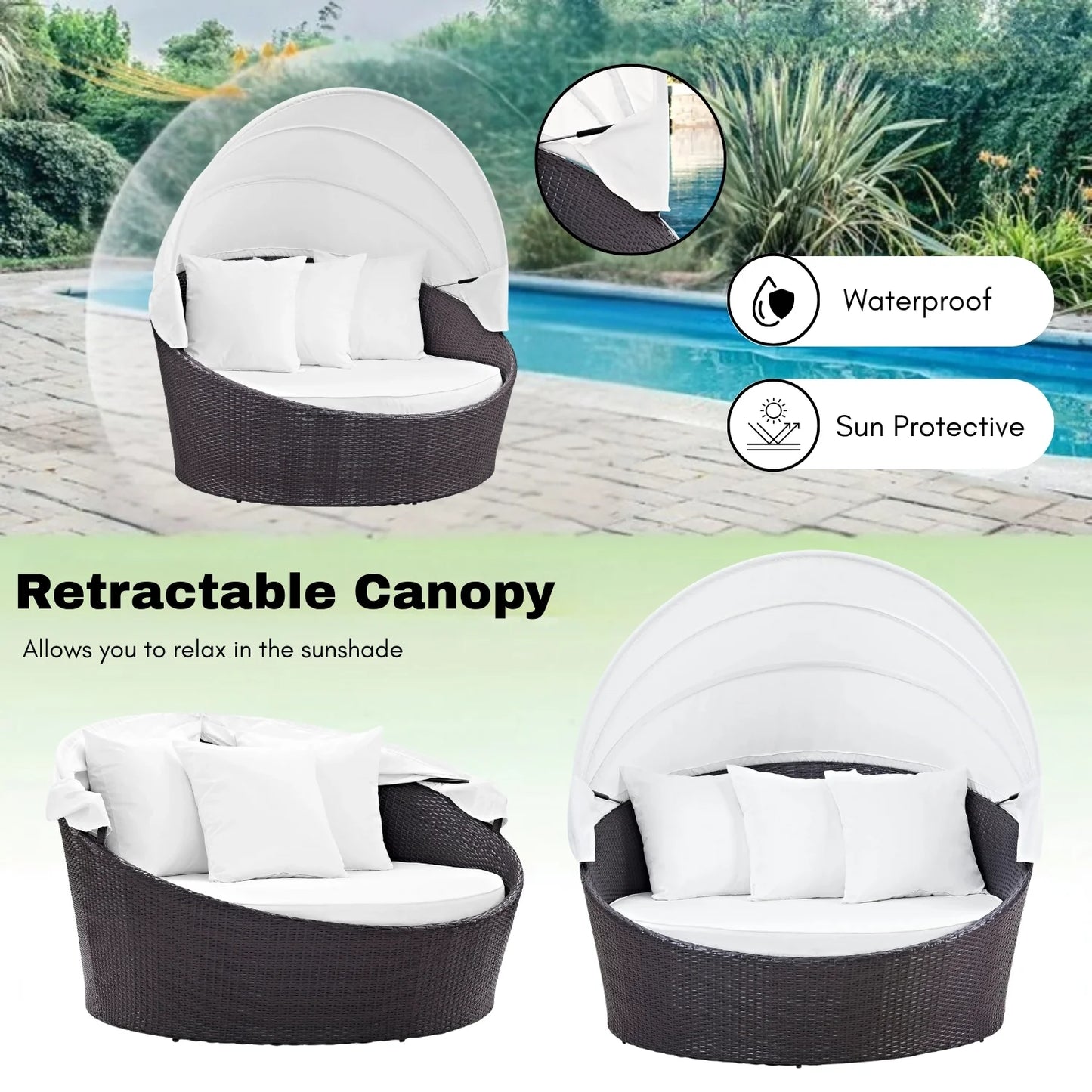 Adama Outdoor Rattan Wicker Patio Daybed with Retractable Canopy