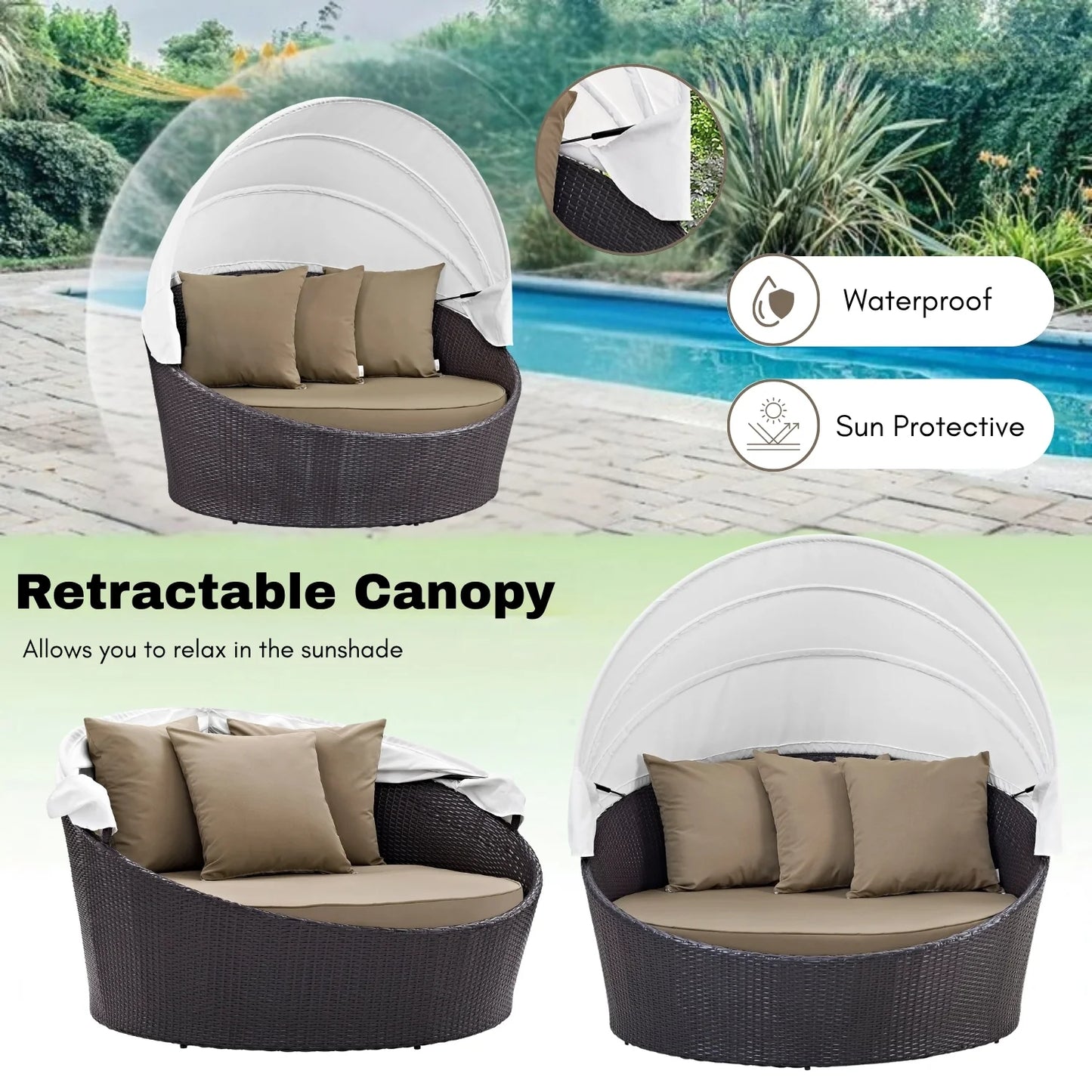 Yetunde Outdoor Rattan Wicker Patio Daybed with Retractable Canopy