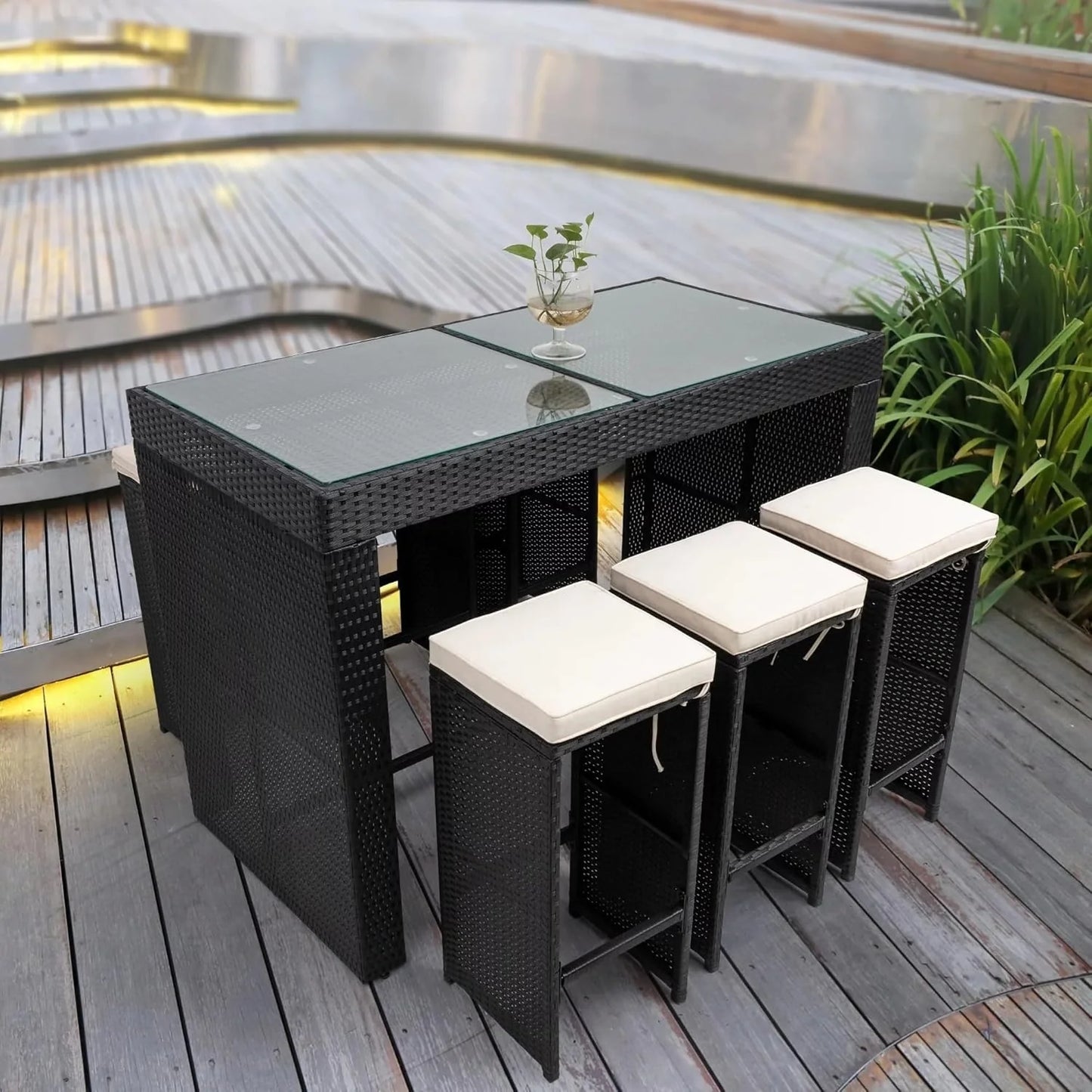 Ayana 7-Piece Outdoor Rattan Wicker Bar Set with Glass Top Table