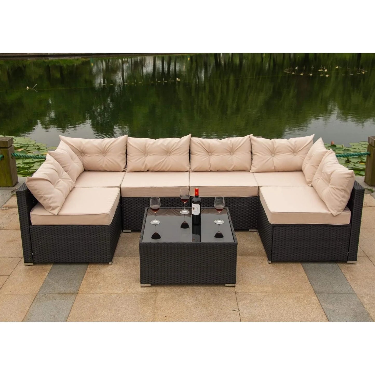 Odessa 6-Seater Outdoor Garden Conversation Sofa Set (Dark Brown & Cream)