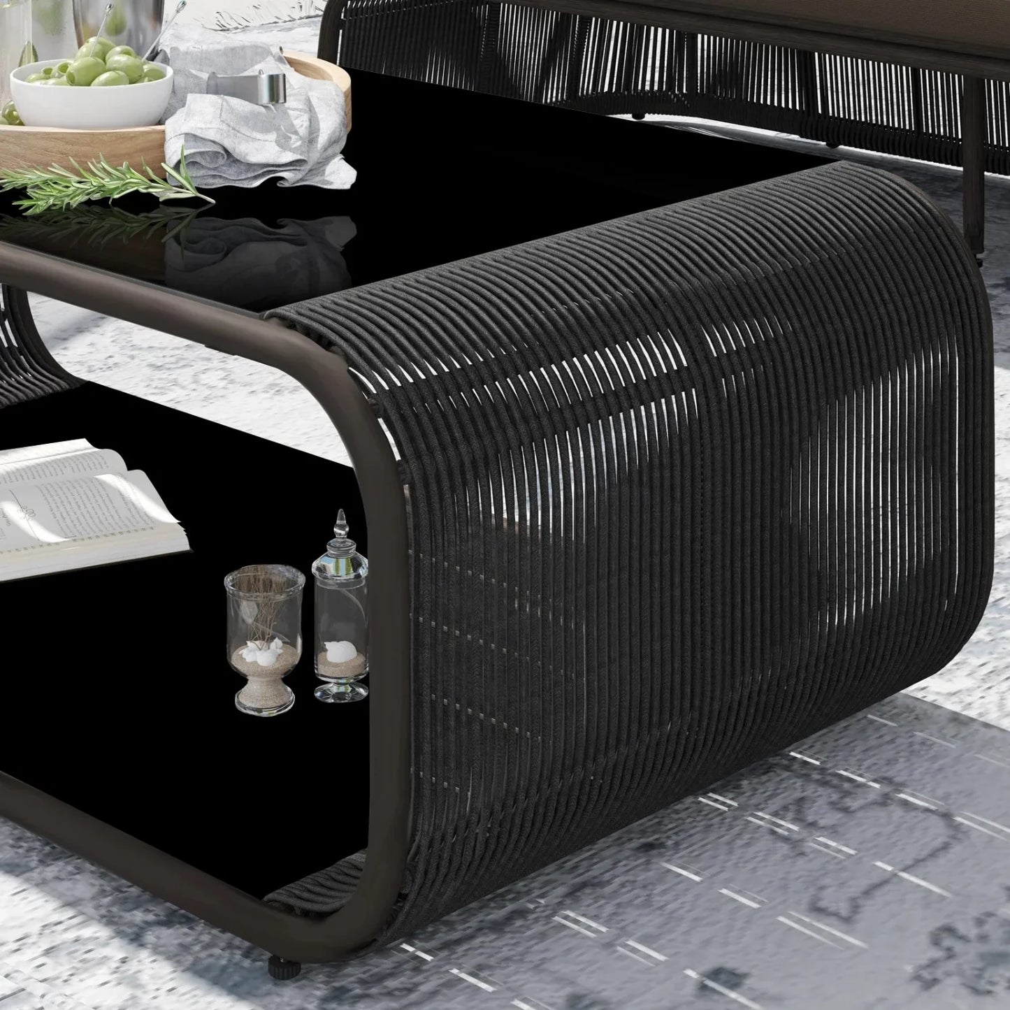 Yumna Outdoor Braided Rope Sofa Set With 2-Tier Glass Top Table
