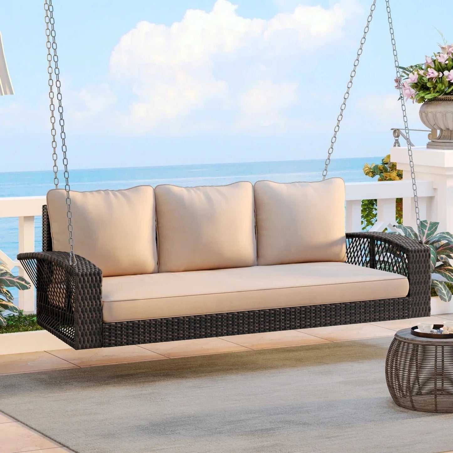 Hortense Outdoor Large HDPE Wicker 3-Person Porch Swing