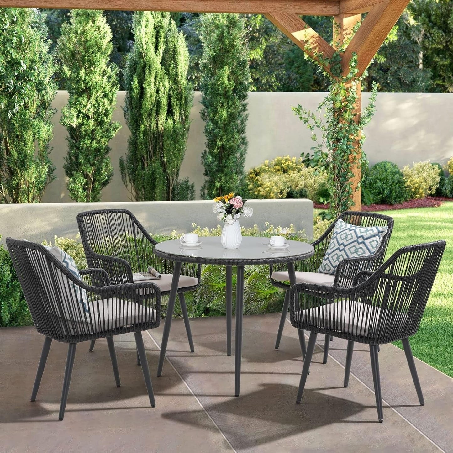 Isolde 5-Piece Outdoor Rope Patio Dining Set With Glass Top Table