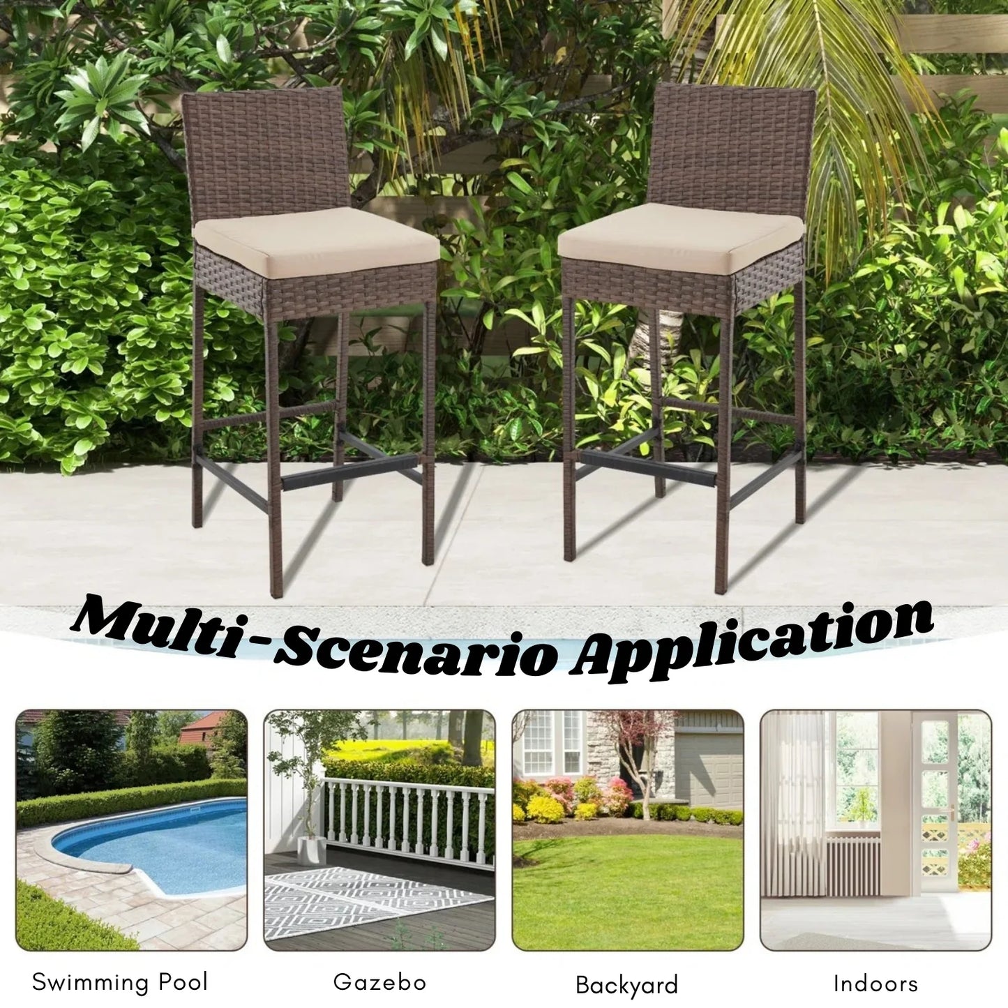 Ursula Outdoor Rattan Wicker Bar Chairs Set of 2