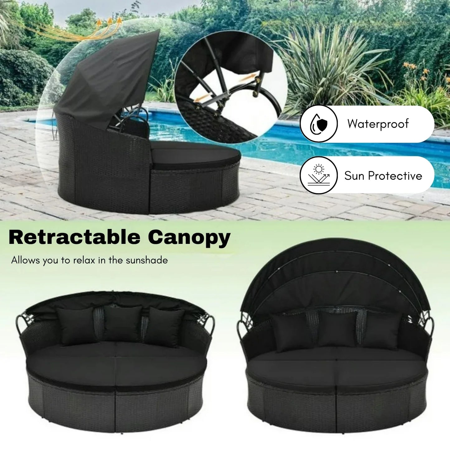 Outdoor Round Canopy Daybed Wicker Patio Furniture Set with Cushions