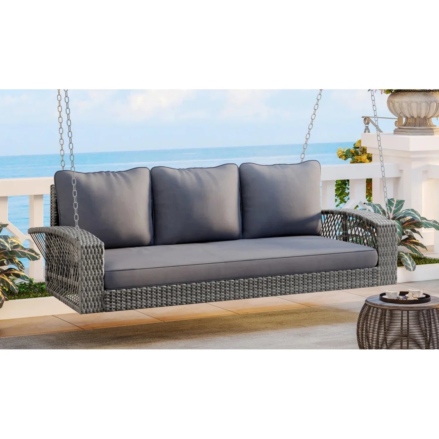 Isolde Outdoor Large HDPE Wicker 3-Person Porch Swing