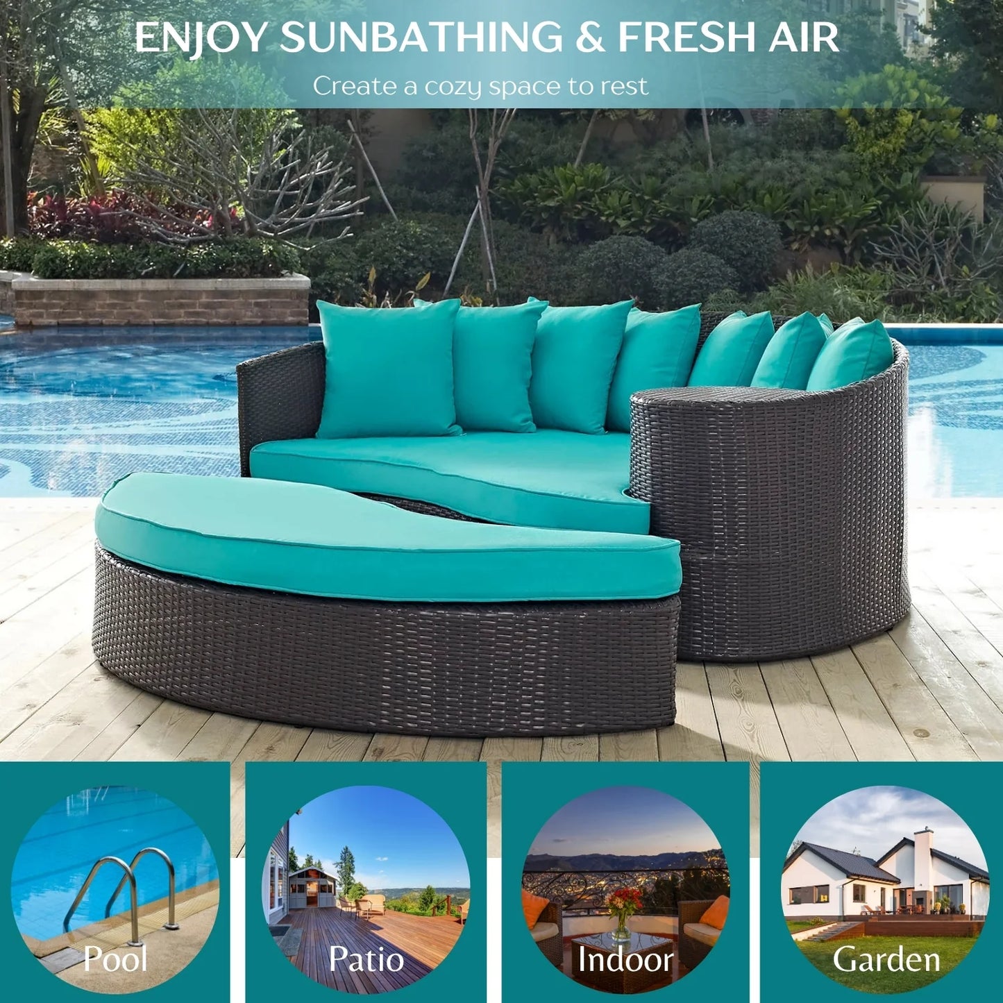 Senta Outdoor Rattan Wicker Daybed (Dark Brown & Turquoise Blue)