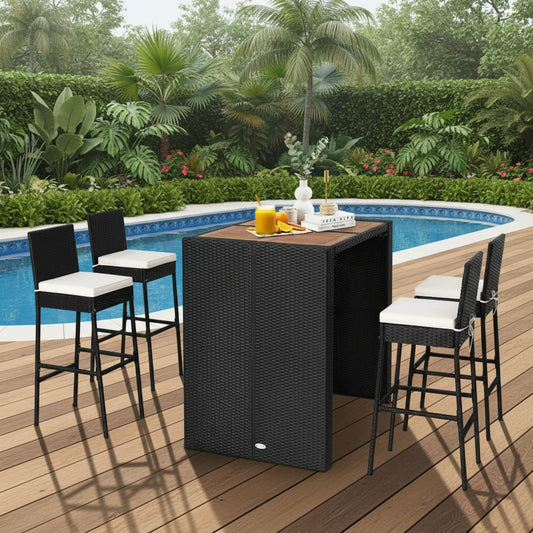 Addison 5-Piece Outdoor Rattan Wicker Bar Set with Wooden Top Table
