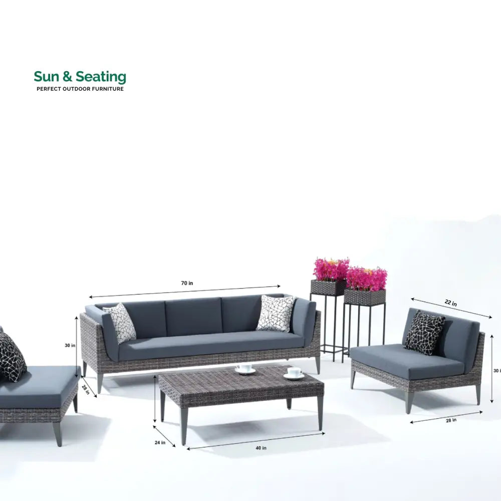 Euvan Outdoor Garden Balcony Sofa Set 3 Seater and 2 Single Seater With 1 Center Table Set (Brown + Navy Blue) Sofa Sets