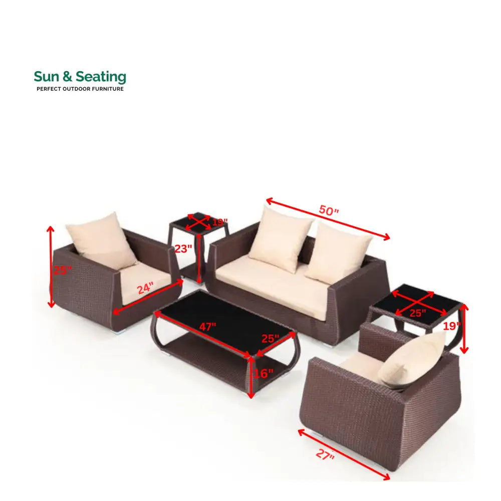 Gabriella Outdoor Sofa Set 2 Seater 2 Single seater 2 Side table and 1 Center Table (Brown) Sofa Sets