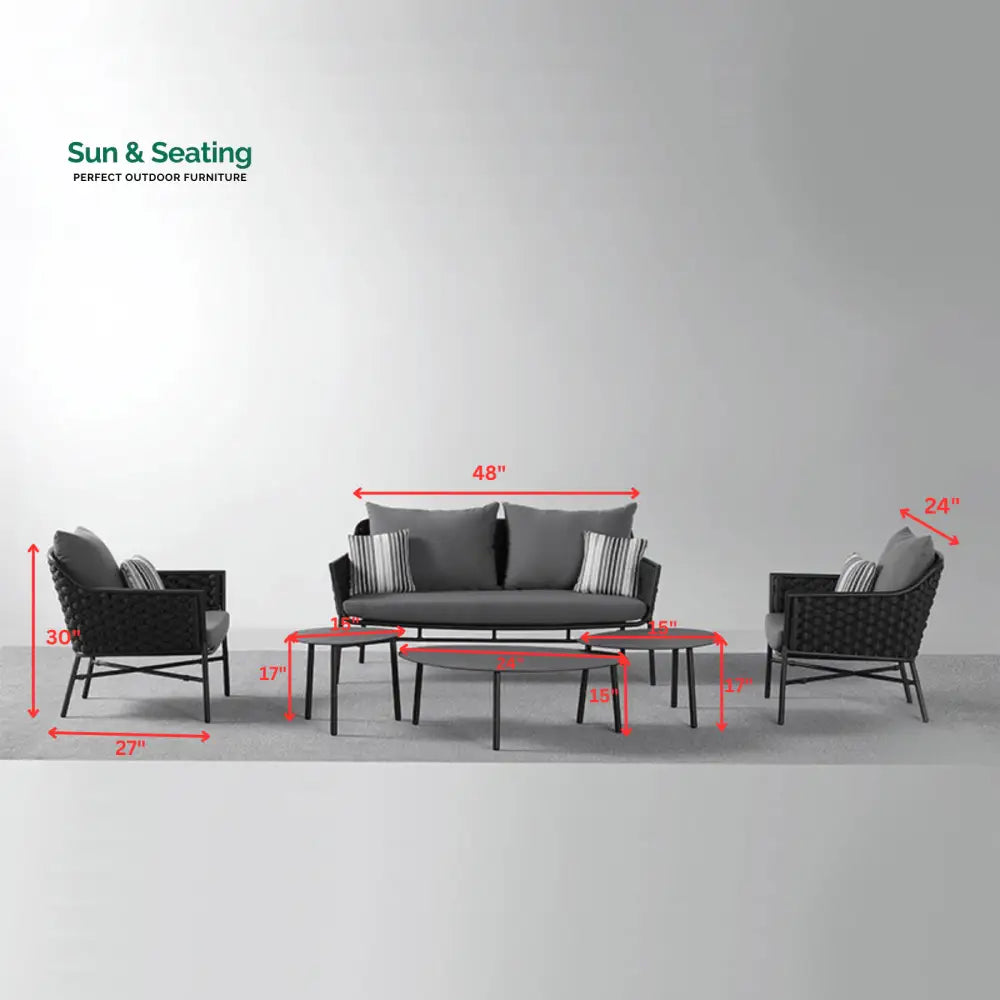 Lettiere Outdoor Garden Balcony Sofa Set 2 Seater 2 Single Seater and 3 Tables Set (Grey) Sofa Sets