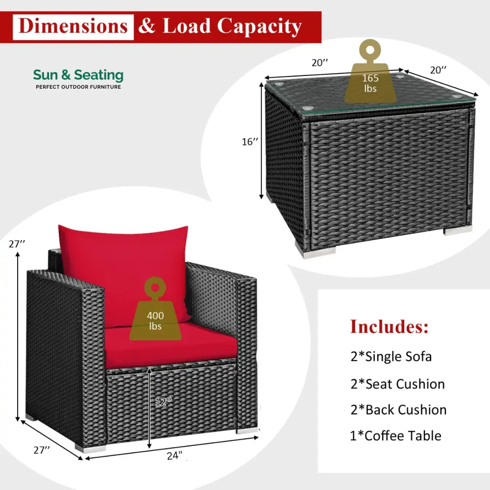 Monaldo Outdoor Sofa Set 2 Single seater and 1 Center Table (Black + Red) Sofa Sets