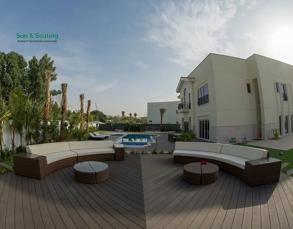 Rossi Outdoor Patio Round Sofa Set 8 Seater 1 Side table and 2 Center Table (Brown) Sofa Sets