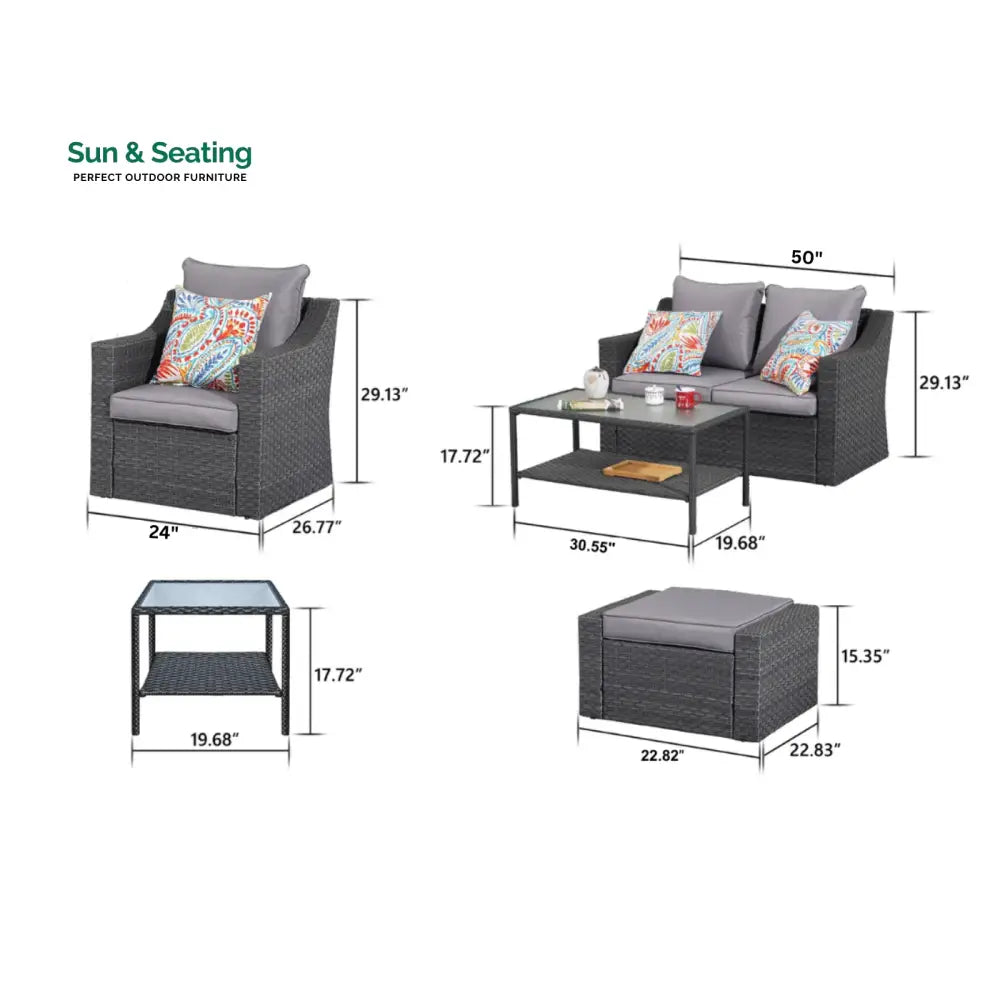 Tress Outdoor Garden Balcony Sofa Set 2 Seater 2 Single seater With 2 Ottoman 1 Center Table 1 Side Table Set (Black)