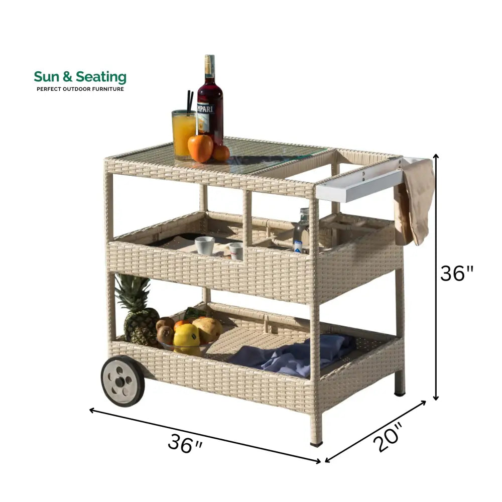 Winf Outdoor Patio Bar Serving Cart (Cream) Wicker