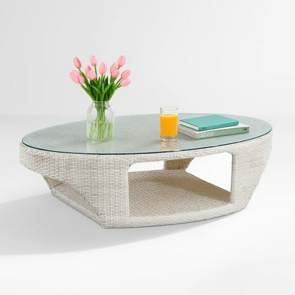 Outdoor White Rattan Wicker Sofa Chairs With Glass Top Table