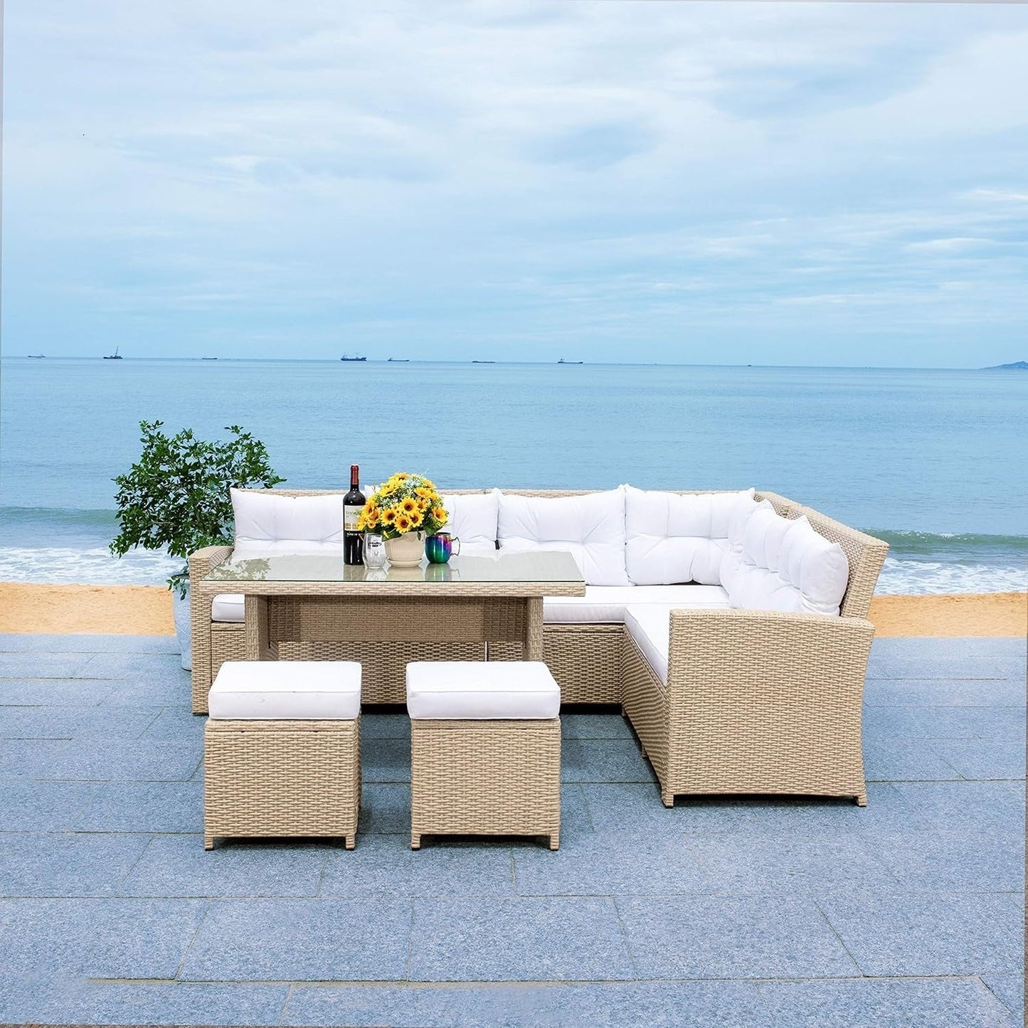 Tereza 5-Piece Wicker Patio Conversation Set (Beige/White)