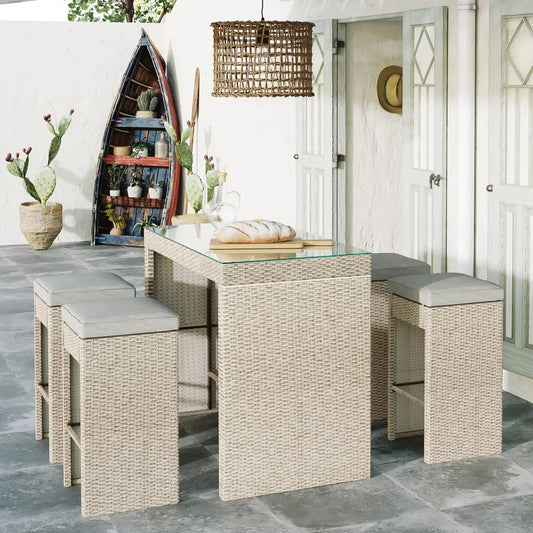 Natsuki 5-Piece Outdoor Rattan Wicker Bar Set with Glass Top Table
