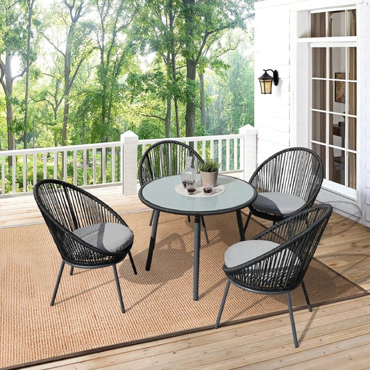 Morgan 5-Piece Outdoor Patio Dining Set with Rope Chairs & Glass Top Table