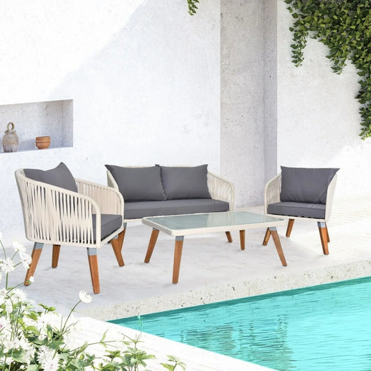 Vada Outdoor Rope 4-Piece Sofa Set (White & Grey)