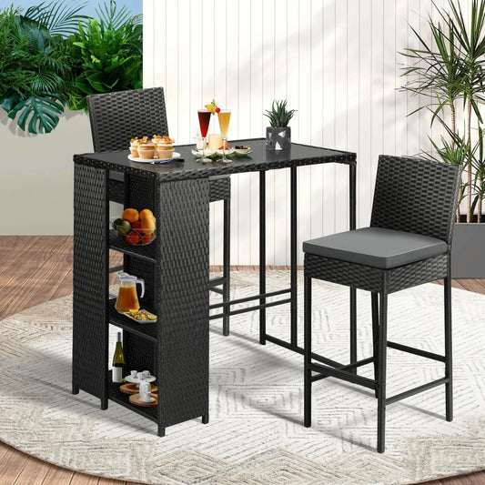 Coraline 3-Piece Outdoor Rattan Wicker Bar Set with Glass Top Table