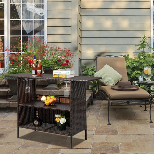 Pilar Outdoor Rattan Wicker Bar Table With Storage Selves