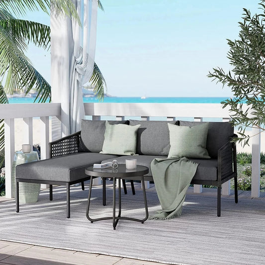 Rowan L-Shaped Patio Conversation Sofa Set with Thick Cushions & Side Table (Grey)