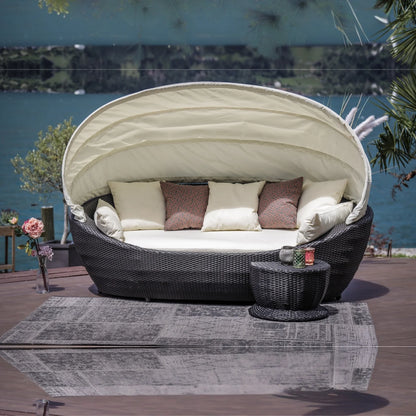 Fadwa Outdoor All-Weather Wicker Patio Daybed with Retractable Canopy