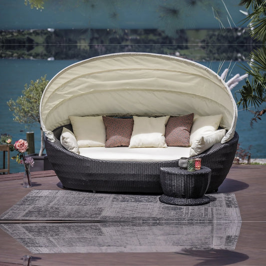Fadwa Outdoor All-Weather Wicker Patio Daybed with Retractable Canopy