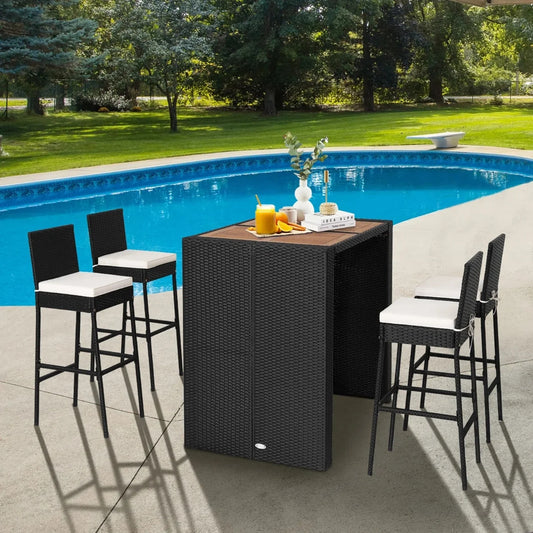 Addison 5-Piece Outdoor Rattan Wicker Bar Set with Wooden Top Table