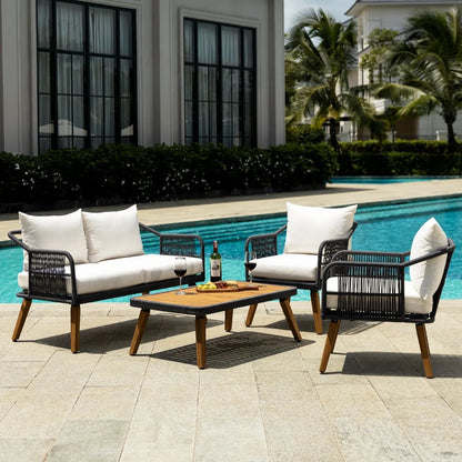 Adriana 4-Piece Outdoor Rope Patio Furniture Set with Wood-Top Table