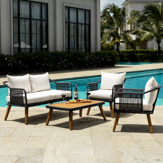 Adriana 4-Piece Outdoor Rope Patio Furniture Set with Wood-Top Table