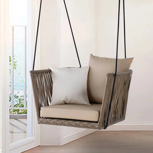 Traditional Porch Outdoor Rattan Garden Swing Chair with Beige Cushion