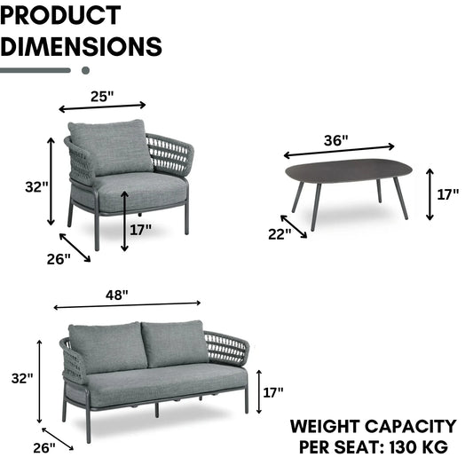 Raelynn Outdoor Rope 4-Piece Patio Sofa Set with Glass Top Table (Grey)