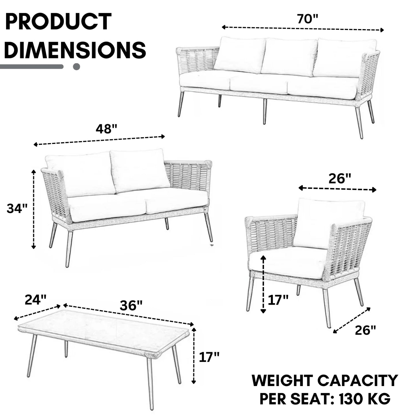 Amirah Outdoor Grey Rope 7-Seater Sofa Set With Glass Top Table