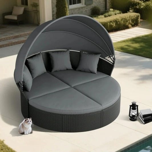 Outdoor Round Canopy Daybed Wicker Patio Furniture Set with Cushions