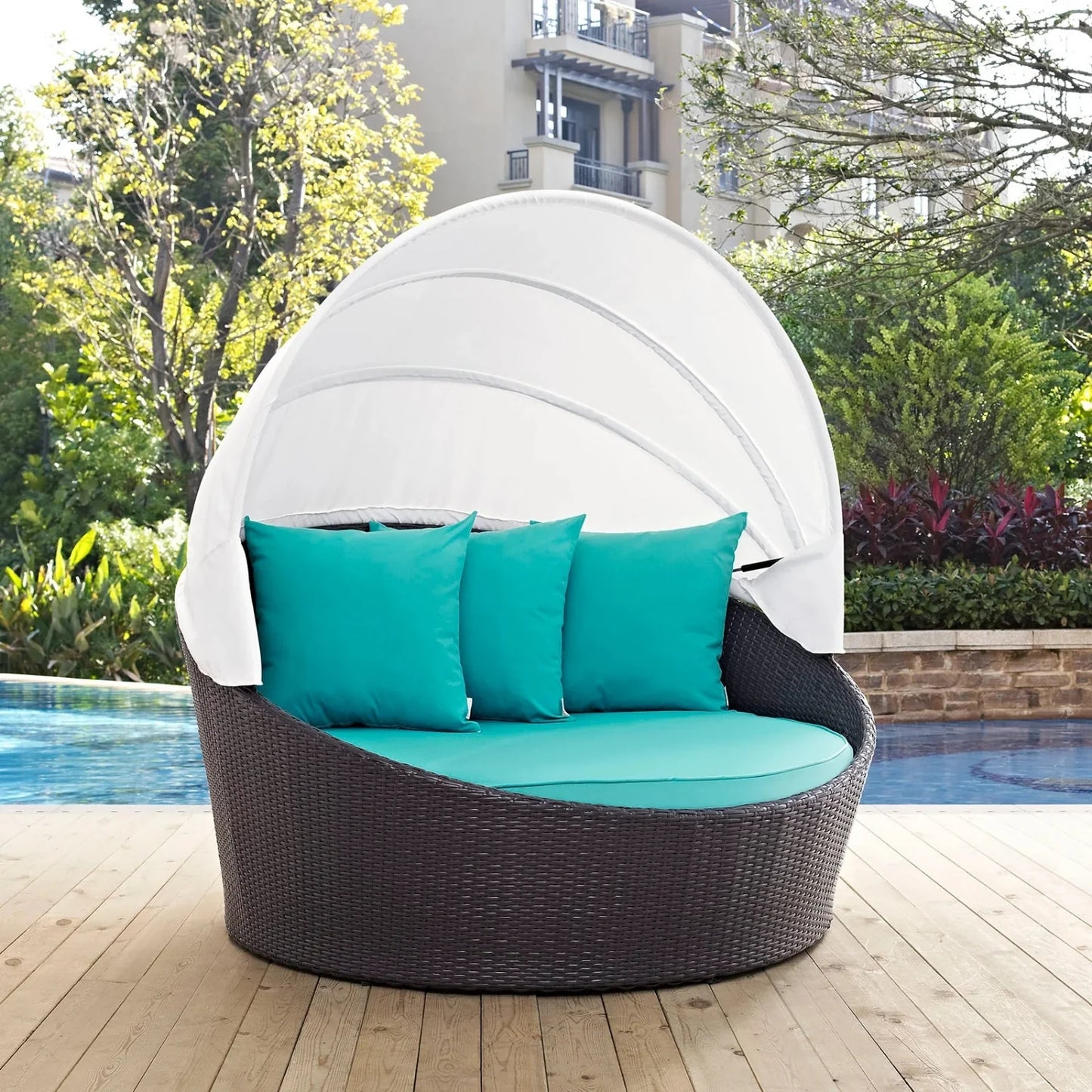 Simisola Outdoor Rattan Wicker Patio Daybed with Retractable Canopy