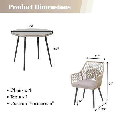 Valentina 5-Piece Outdoor Patio Dining Set with Rope Chairs & Glass Top Table