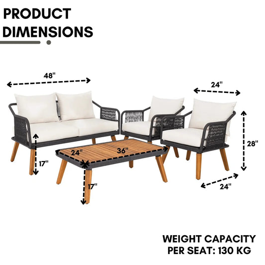 Adriana 4-Piece Outdoor Rope Patio Furniture Set with Wood-Top Table