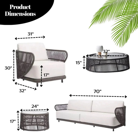 Laken Outdoor Rope 4 Seater Sofa Set With Glass Top Tables