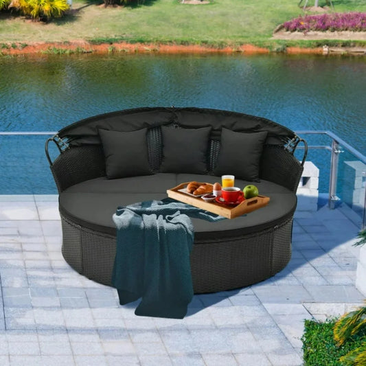 Outdoor Round Canopy Daybed Wicker Patio Furniture Set with Cushions