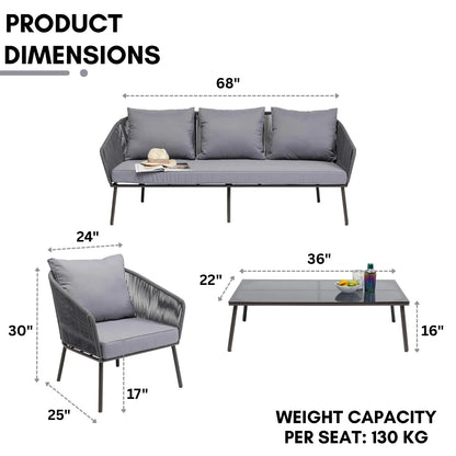 Zariah Outdoor Rope 5-Seater Patio Sofa Set with Glass Top Table (Grey)