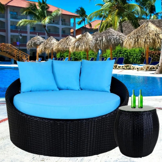 Johanne Outdoor Rattan Wicker Daybed with Glass Top Table
