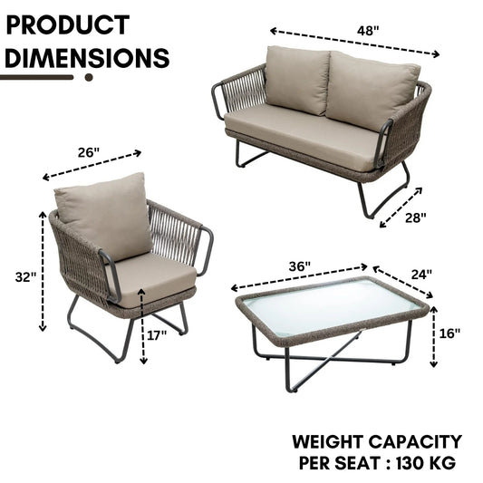 Valeria 4-Piece Rope Sofa Set With Glass Top Table