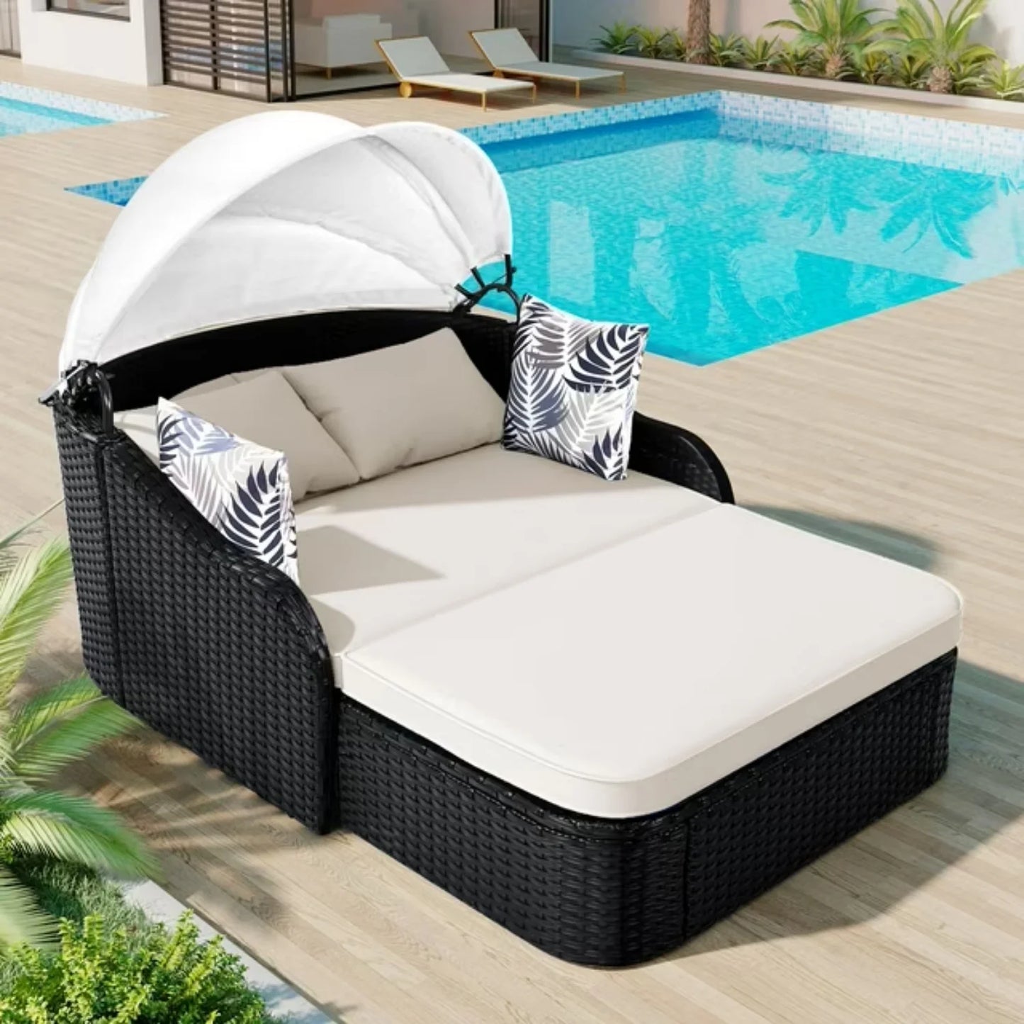 Abiola Outdoor Rattan Wicker Double Seater Canopy Daybed