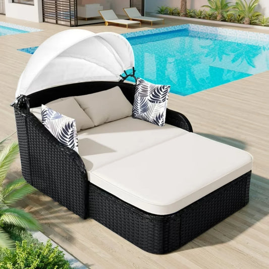 Abiola Outdoor Rattan Wicker Double Seater Canopy Daybed