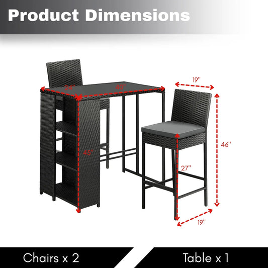 Coraline 3-Piece Outdoor Rattan Wicker Bar Set with Glass Top Table