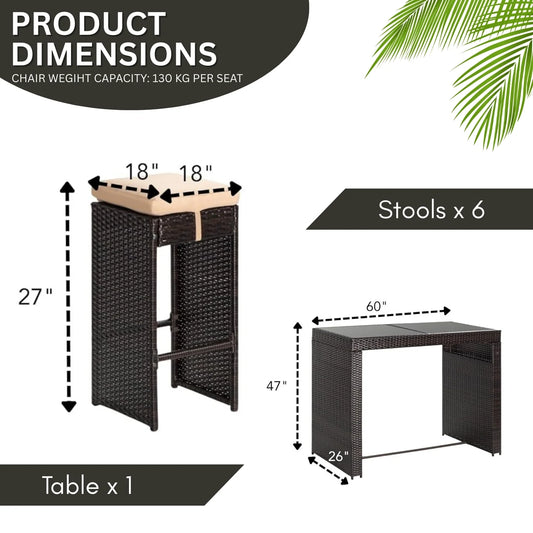 Ayana 7-Piece Outdoor Rattan Wicker Bar Set with Glass Top Table