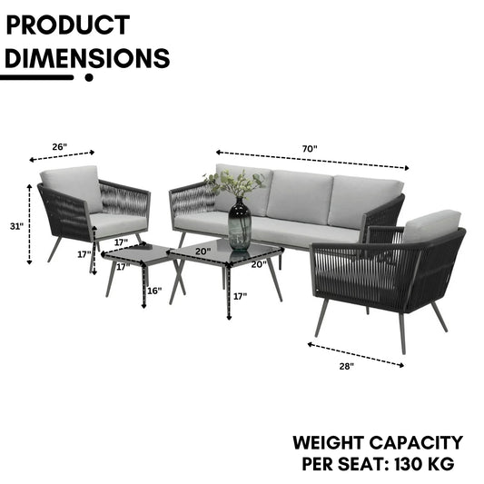 Teresa 5-Seater Outdoor Rope Patio Sofa Set with Glass Top Tables (Black & Grey)