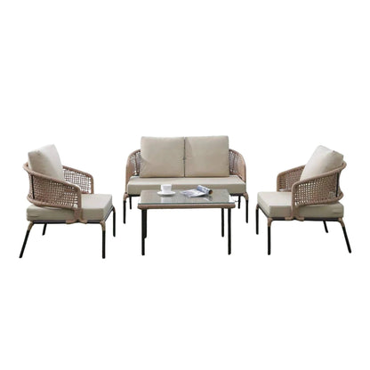 Amaya All-Weather Patio Rope Sofa Set with Glass Top Coffee Table